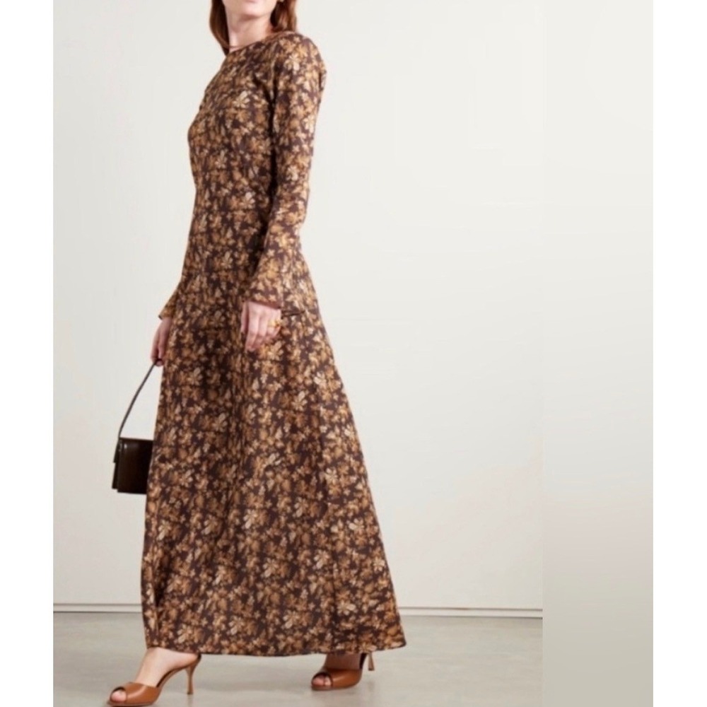 DOEN Floral Maxi Dress Long Sleeve Brown Gold Botanical Print Cottagecore XL